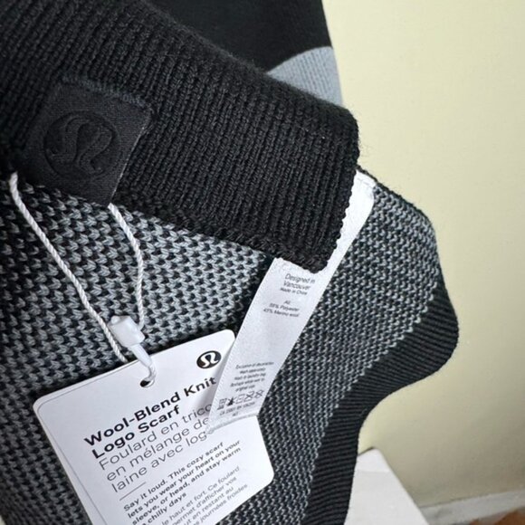 Lululemon NEW Logo Knit Merino Wool Scarf Wrap Long Cozy Warm Rare Black Gray - Picture 9 of 16